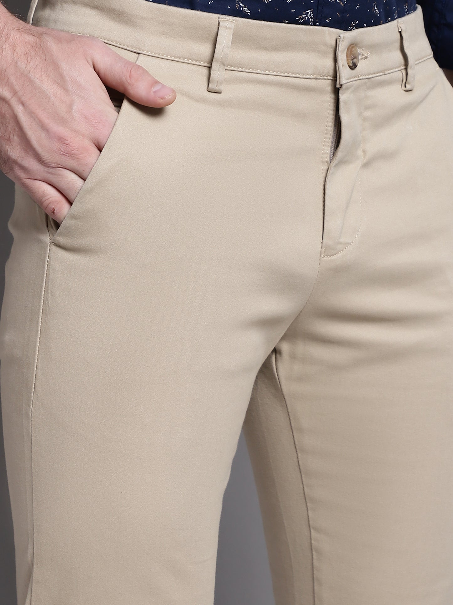 Cantabil Khaki Solid Non Pleated Regular Fit Mid Rise Casual Trousers for Men (7162821116043)