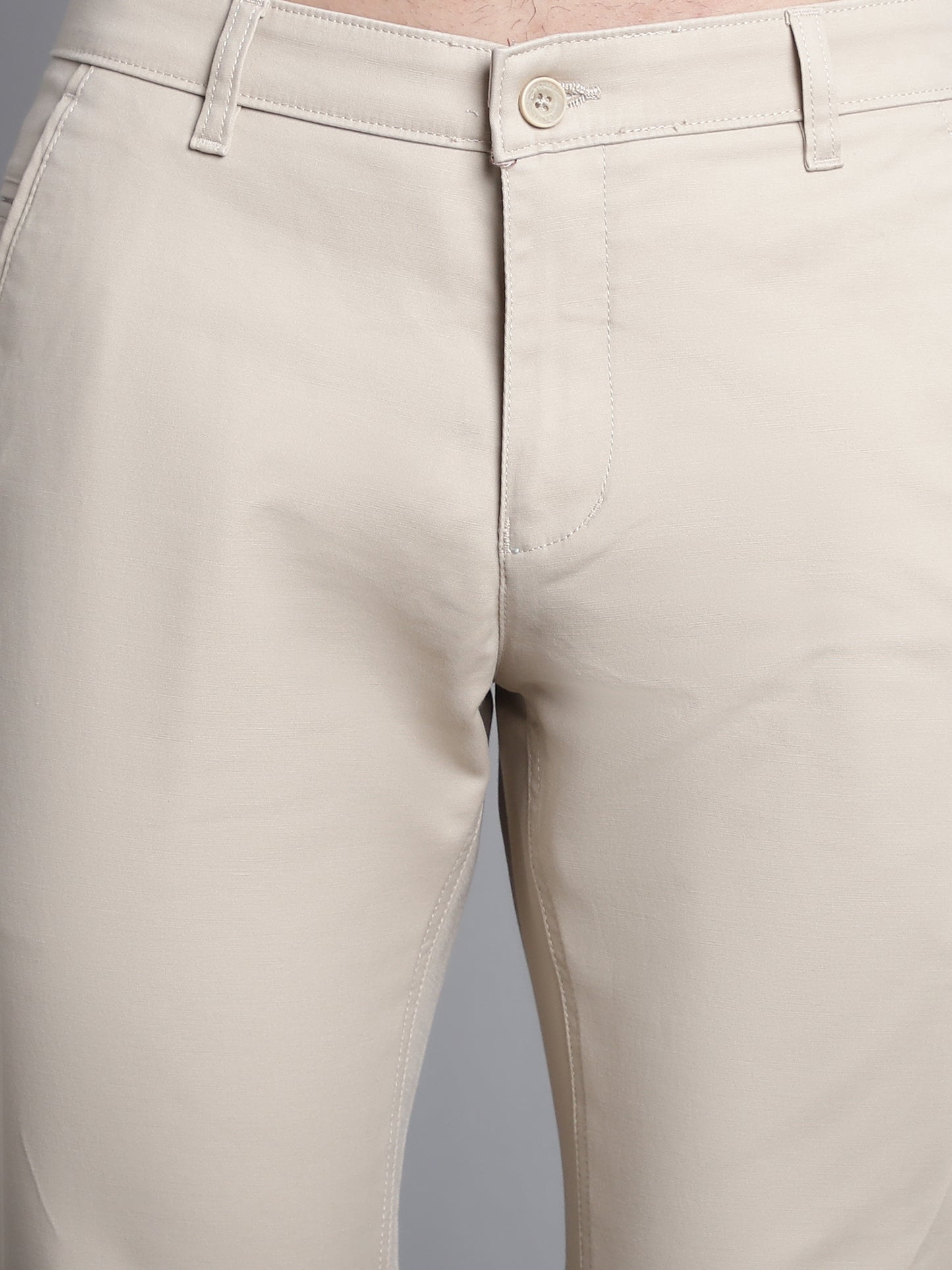 Cantabil Beige Solid Non Pleated Regular Fit Mid Rise Casual Trousers for Men (7165643915403)