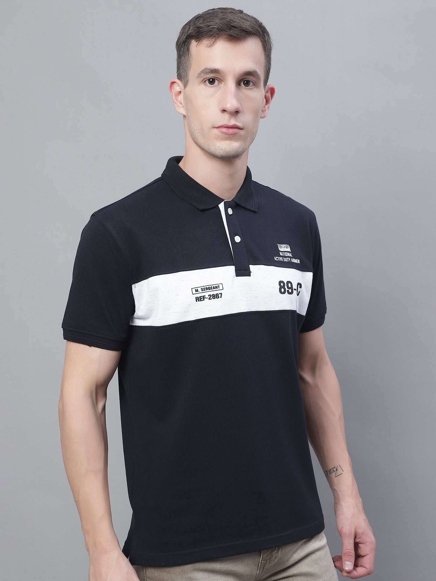 Cantabil Men Navy Blue Polo Neck T-Shirt (7136116342923)