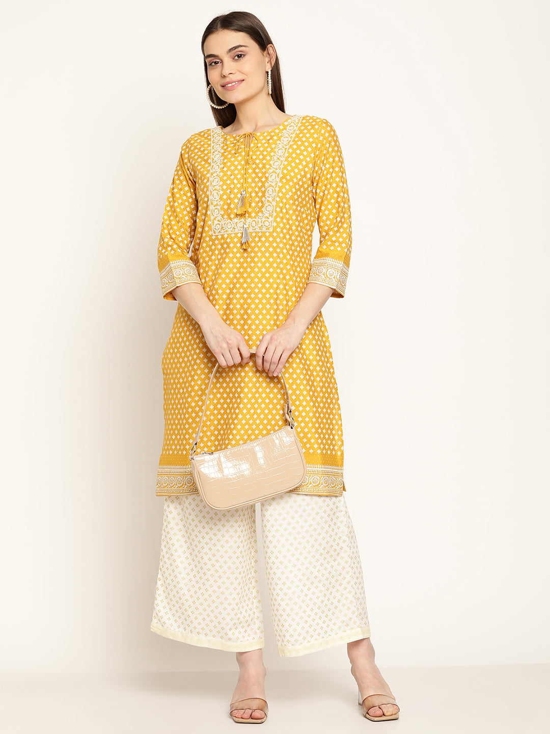Cantabil Women's Mustard Printed Kurti Plazzo Set (6837147533451)