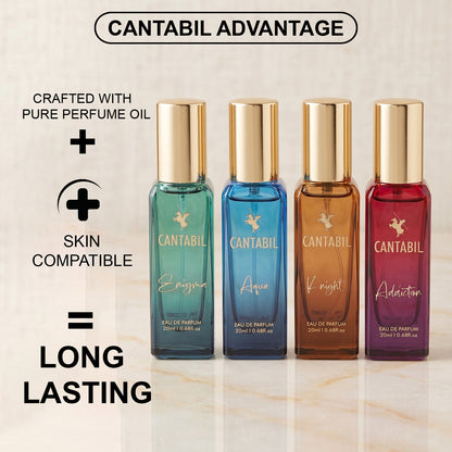 Cantabil Luxury Long Lasting Perfume Gift Set for Men & Women | Pack of 4 x 20ml Each | Aqua, Addiction, Knight & Enigma Premium Eau De Parfum Fragrances