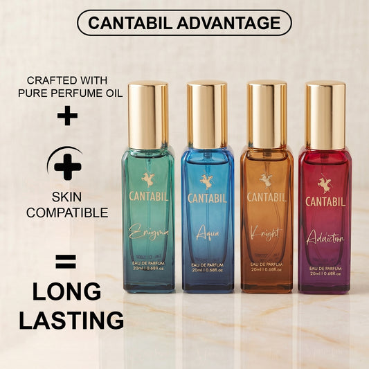 Cantabil Luxury Long Lasting Perfume Gift Set for Men & Women | Pack of 4 x 20ml Each | Aqua, Addiction, Knight & Enigma Premium Eau De Parfum Fragrances