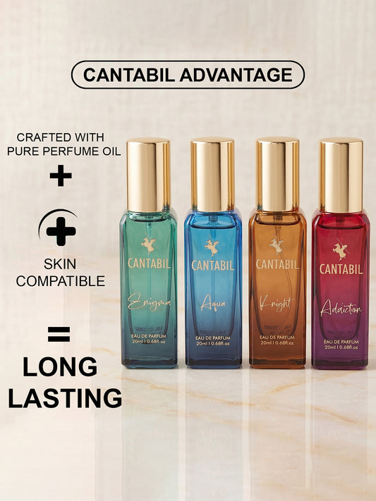 Cantabil Unisex Enigma, Aqua, Knight & Addiction Long Lasting Perfume Gift Set Pack of 4 | 80ml