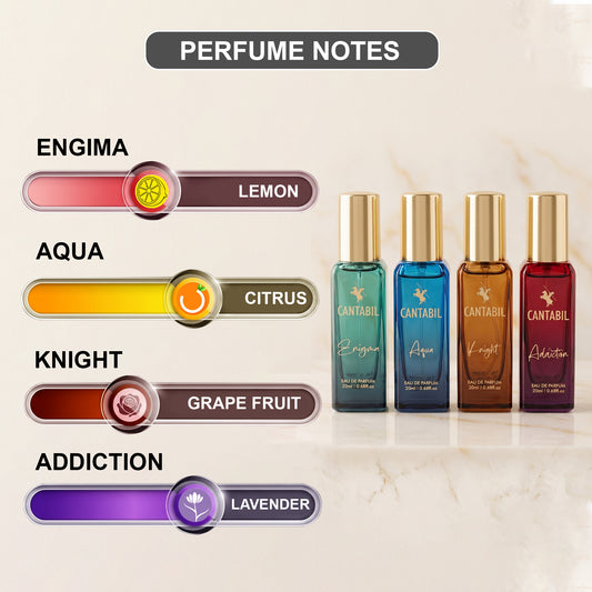 Cantabil Luxury Long Lasting Perfume Gift Set for Men & Women | Pack of 4 x 20ml Each | Aqua, Addiction, Knight & Enigma Premium Eau De Parfum Fragrances