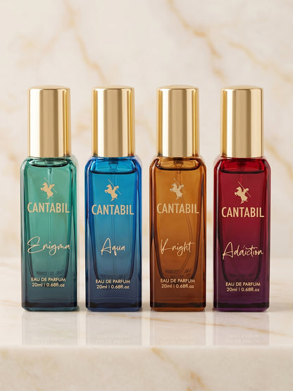 Cantabil Luxury Long Lasting Perfume Gift Set for Men & Women | Pack of 4 x 20ml Each | Aqua, Addiction, Knight & Enigma Premium Eau De Parfum Fragrances