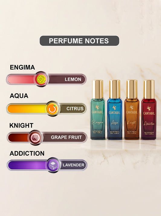 Cantabil Unisex Enigma, Aqua, Knight & Addiction Long Lasting Perfume Gift Set Pack of 4 | 80ml