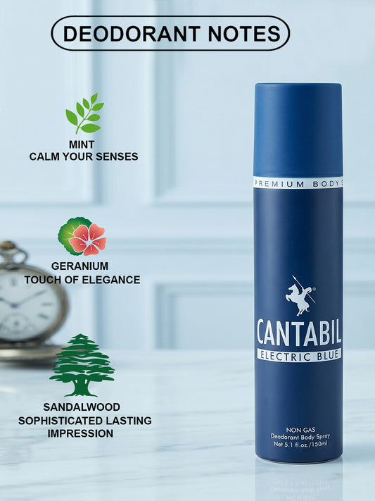 Cantabil Unisex Electric Blue, Burnt Brick & Midnight Date Deodorant Spray Pack of 3 | 450ml