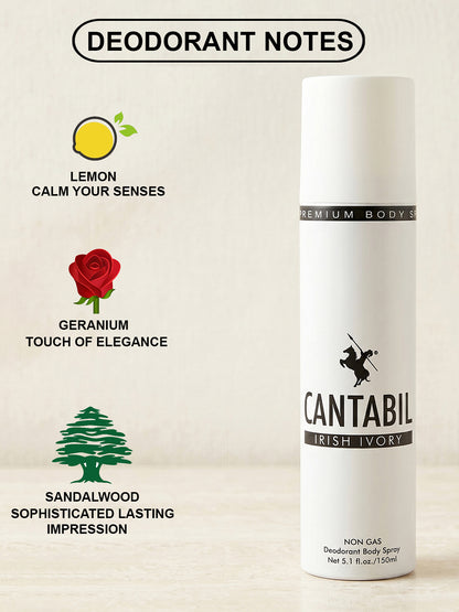 Cantabil Unisex Irish Ivory, Electric Blue, Midnight Date Deodorant Spray Pack of 3 | 450ml