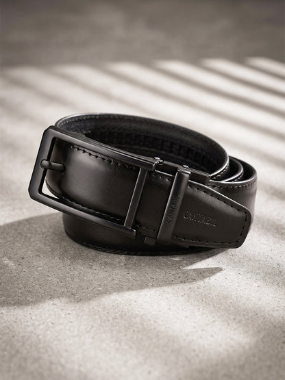 Men's Textured Black Formal Leather Belt | Auto Lock mechanism | Adjustable Cut-to-Fit Size up to 42 Inches