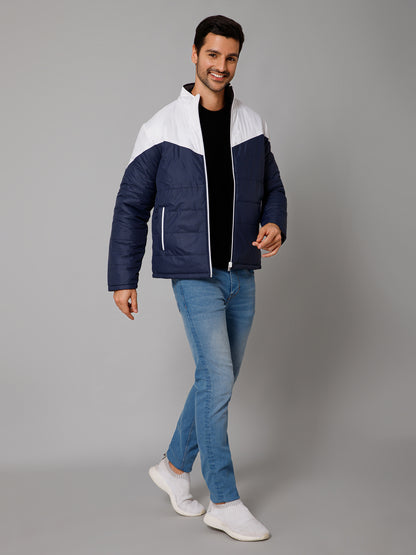 Color Blocked Navy and Grey Full Sleeves Mock Collar Regular Fit Reversible Casual Jacket For Men