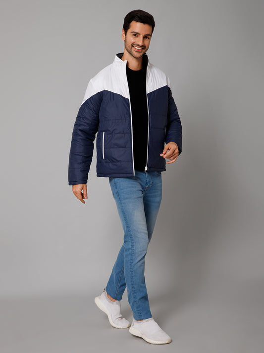 Color Blocked Navy and Grey Full Sleeves Mock Collar Regular Fit Reversible Casual Jacket For Men