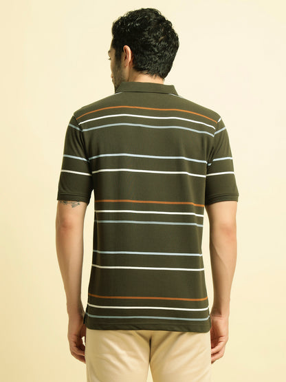 T-Shirt for Men | Breathable & Soft with Color Fastness Regular Fit Polo Neck Poly Cotton Fabric Striped Pattern