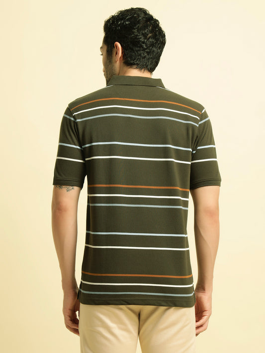 T-Shirt for Men | Breathable & Soft with Color Fastness Regular Fit Polo Neck Poly Cotton Fabric Striped Pattern