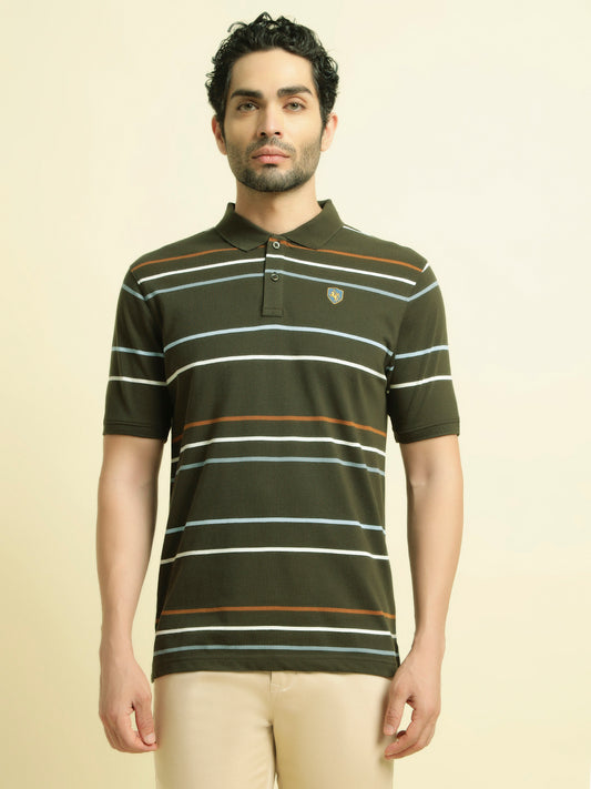 T-Shirt for Men | Breathable & Soft with Color Fastness Regular Fit Polo Neck Poly Cotton Fabric Striped Pattern