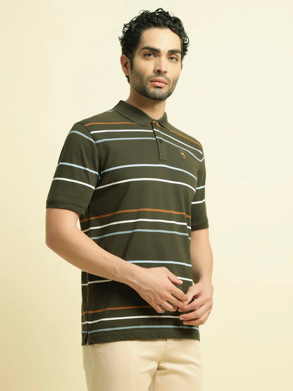T-Shirt for Men | Breathable & Soft with Color Fastness Regular Fit Polo Neck Poly Cotton Fabric Striped Pattern
