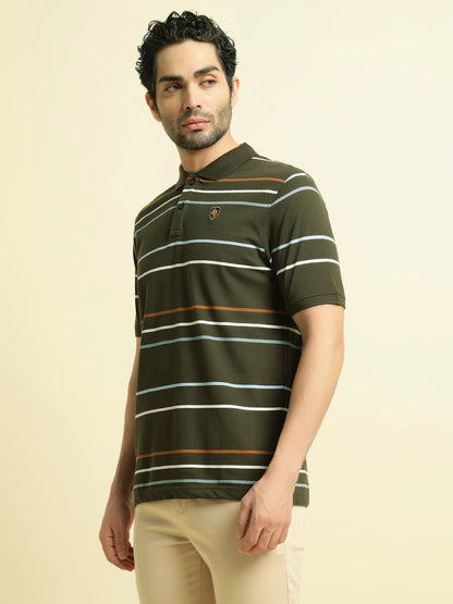 T-Shirt for Men | Breathable & Soft with Color Fastness Regular Fit Polo Neck Poly Cotton Fabric Striped Pattern