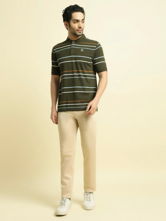 T-Shirt for Men | Breathable & Soft with Color Fastness Regular Fit Polo Neck Poly Cotton Fabric Striped Pattern