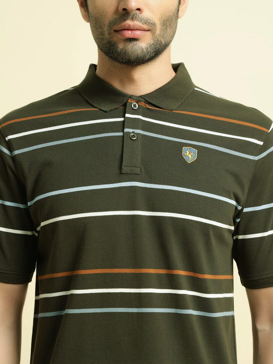 T-Shirt for Men | Breathable & Soft with Color Fastness Regular Fit Polo Neck Poly Cotton Fabric Striped Pattern