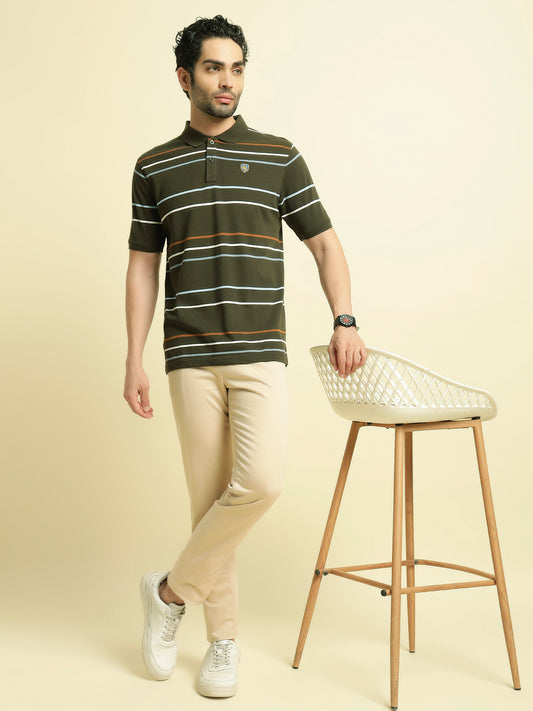 T-Shirt for Men | Breathable & Soft with Color Fastness Regular Fit Polo Neck Poly Cotton Fabric Striped Pattern