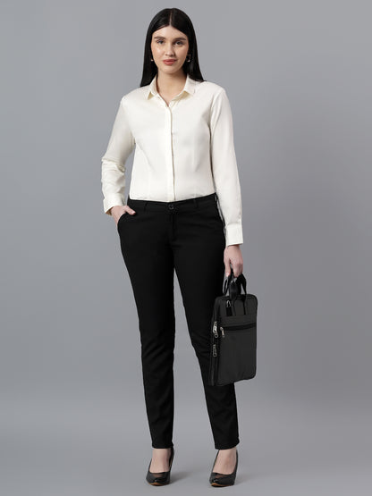 Women's Solid Off-White Spread Collar Full Sleeves Formal Shirt