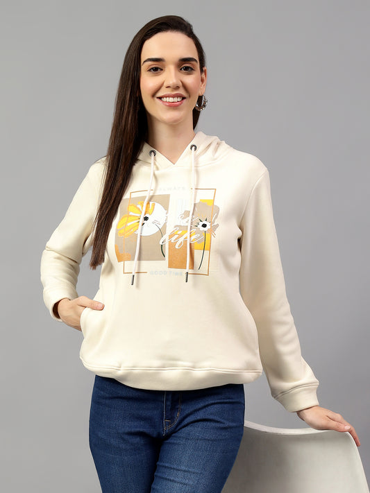 Women's Cream Printed Hoody Neck Sweatshirt