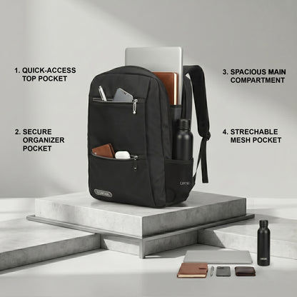 12 Litre Laptop Backpack Upto 18 inchs Laptop for School, Office, College & Travel Bag for Men and Women (Black) | 3 Compartments, Side Pocket, Padded Shoulder Strap, Smooth-Glide Zippers