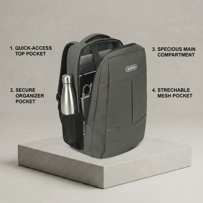 Cantabil 15 Litre Laptop Backpack Upto 18 inchs Laptop for School, Office, College & Travel Bag for Men and Women (Grey) | 2 Compartments, Side Pocket, Padded Shoulder Strap, Smooth-Glide Zippers