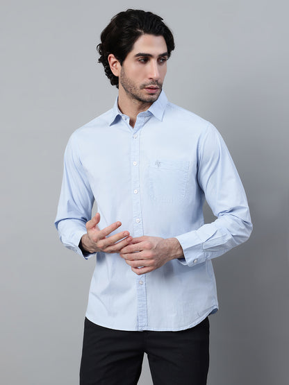 Men's Light Blue Casual Plain Stretch Full Sleeve Shirt