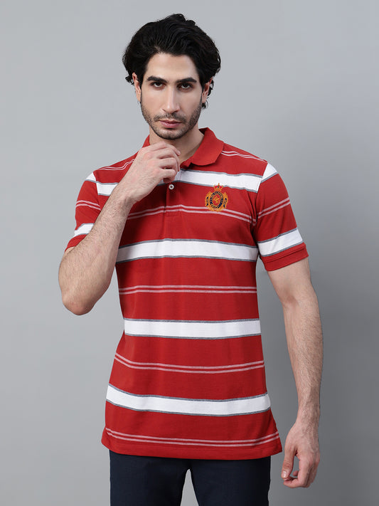 T-Shirt for Men | Breathable & Soft with Color Fastness Regular Fit Polo Neck Poly Cotton Fabric Striped Pattern