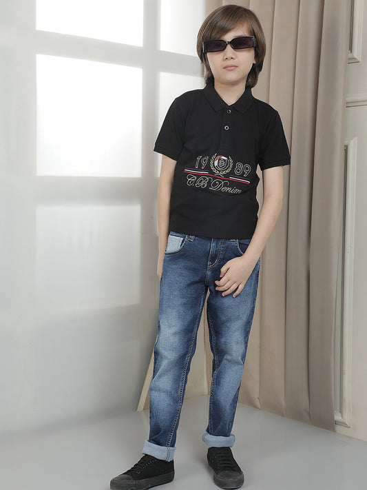 Casual T-Shirt for Boys l Breathable & Soft with Color Fastness Regular Fit Polo Neck Polycotton Fabric Embroidered Pattern