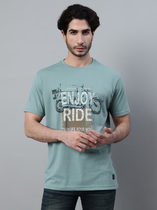 Men's Pista Green Regular Fit Printed Half Sleeve Casual T-Shirt