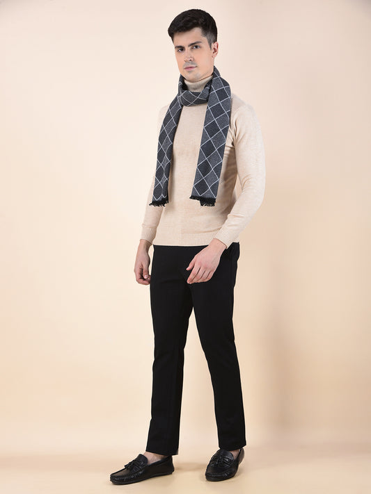 Men Dark Grey Checkered Winter Warm Casual Muffler