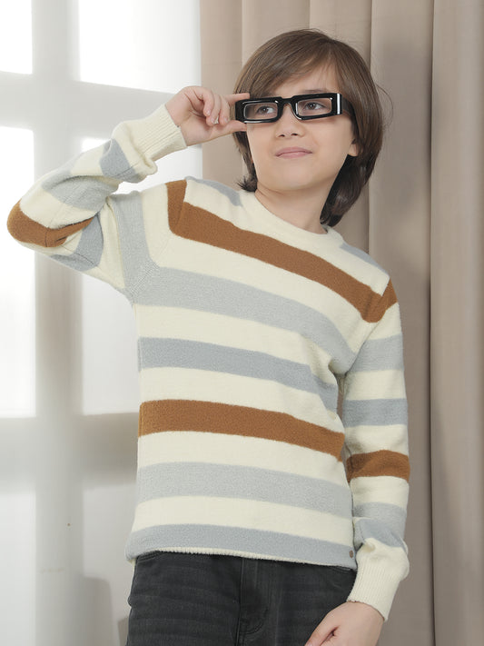Casual Sweater for Kids l Breathable & Soft with Color Fastness Regular Fit Round Neck Striped Pattern Woolen Fabric