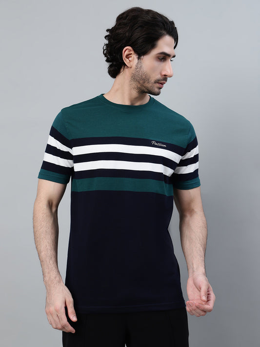 T-Shirt for Men | Breathable & Soft with Color Fastness Regular Fit Round Neck Poly Cotton Fabric Striped Pattern