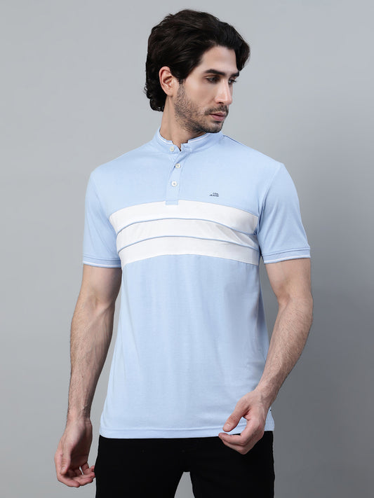 T-Shirt for Men | Breathable & Soft with Color Fastness Regular Fit Mandarin Collar Poly Cotton Fabric Colour Block Pattern