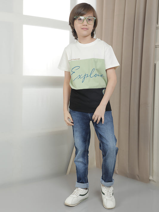 Casual T-Shirt for Boys l Breathable & Soft with Color Fastness Regular Fit Round Neck Cotton Blend Fabric ColourBlocked Pattern