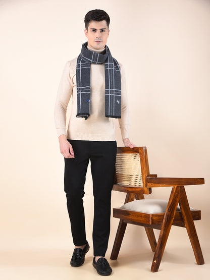 Men Grey Checkered Winter Warm Casual Muffler