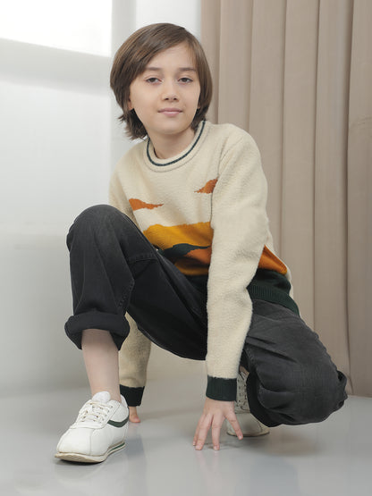 Casual Sweater for Kids l Breathable & Soft with Color Fastness Regular Fit Round Neck Colourblocked Pattern Woolen Fabric
