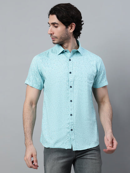 Men's Aqua Blue Casual Abstract Print Half Sleeve Shirt