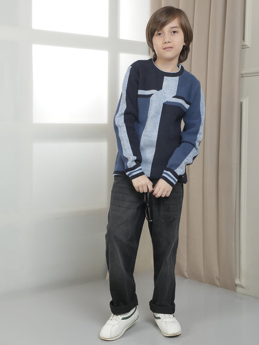 Casual Sweater for Kids l Breathable & Soft with Color Fastness Regular Fit Round Neck Colourblocked Pattern Woolen Fabric