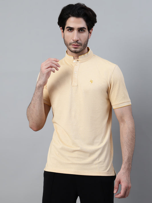 T-Shirt for Men | Breathable & Soft with Color Fastness Regular Fit Mandarin Collar Poly Cotton Fabric Solid Pattern