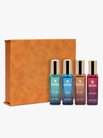 Cantabil Luxury Long Lasting Perfume Gift Set for Men & Women | Pack of 4 x 20ml Each | Aqua, Addiction, Knight & Enigma Premium Eau De Parfum Fragrances