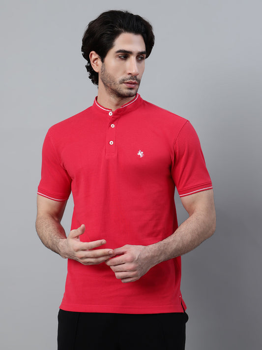 T-Shirt for Men | Breathable & Soft with Color Fastness Regular Fit Mandarin Collar Poly Cotton Fabric Solid Pattern