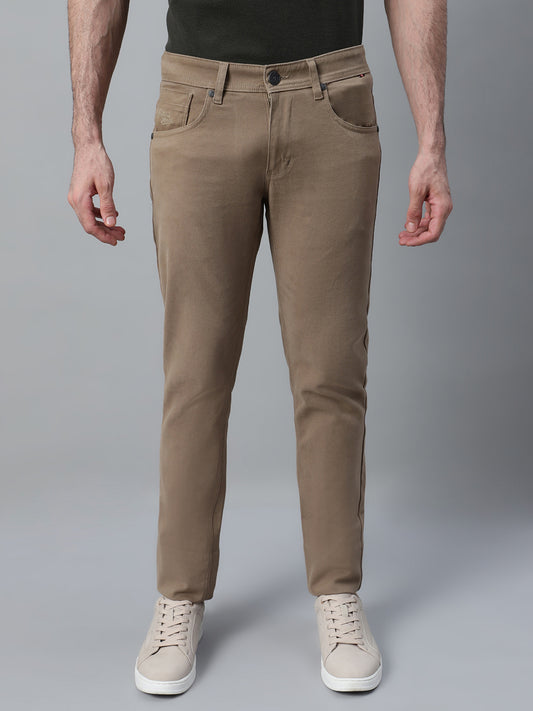 Men's Khaki Self Design Non-Pleated Casual Trouser