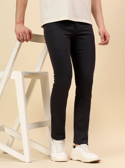 Casual Trouser for Men | Breathable & Soft with Color Fastness Regular Fit Cotton Stretch Fabric Self Design Pattern Button Closure