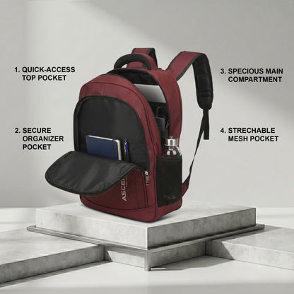 32 Litre Laptop Backpack Upto 18 inchs Laptop for School, Office, College & Travel Bag for Men and Women (Maroon) | 3 Compartments, Side Pocket, Padded Shoulder Strap, Smooth-Glide Zippers