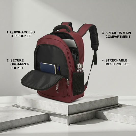 32 Litre Laptop Backpack Upto 18 inchs Laptop for School, Office, College & Travel Bag for Men and Women (Maroon) | 3 Compartments, Side Pocket, Padded Shoulder Strap, Smooth-Glide Zippers