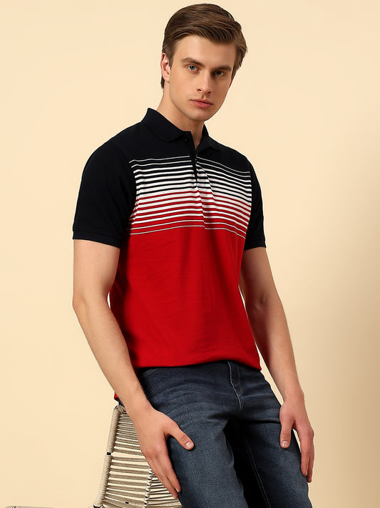 T-Shirt for Men | Breathable & Soft with Color Fastness Regular Fit Polo Neck Poly Cotton Fabric Stripes Pattern