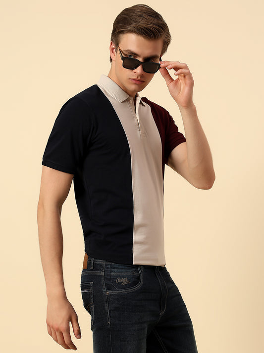 T-Shirt for Men | Breathable & Soft with Color Fastness Regular Fit Polo Neck Poly Cotton Fabric Colourblocked Pattern