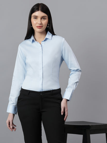 Women's Solid Sky Blue Spread Collar Full Sleeves Formal Shirt